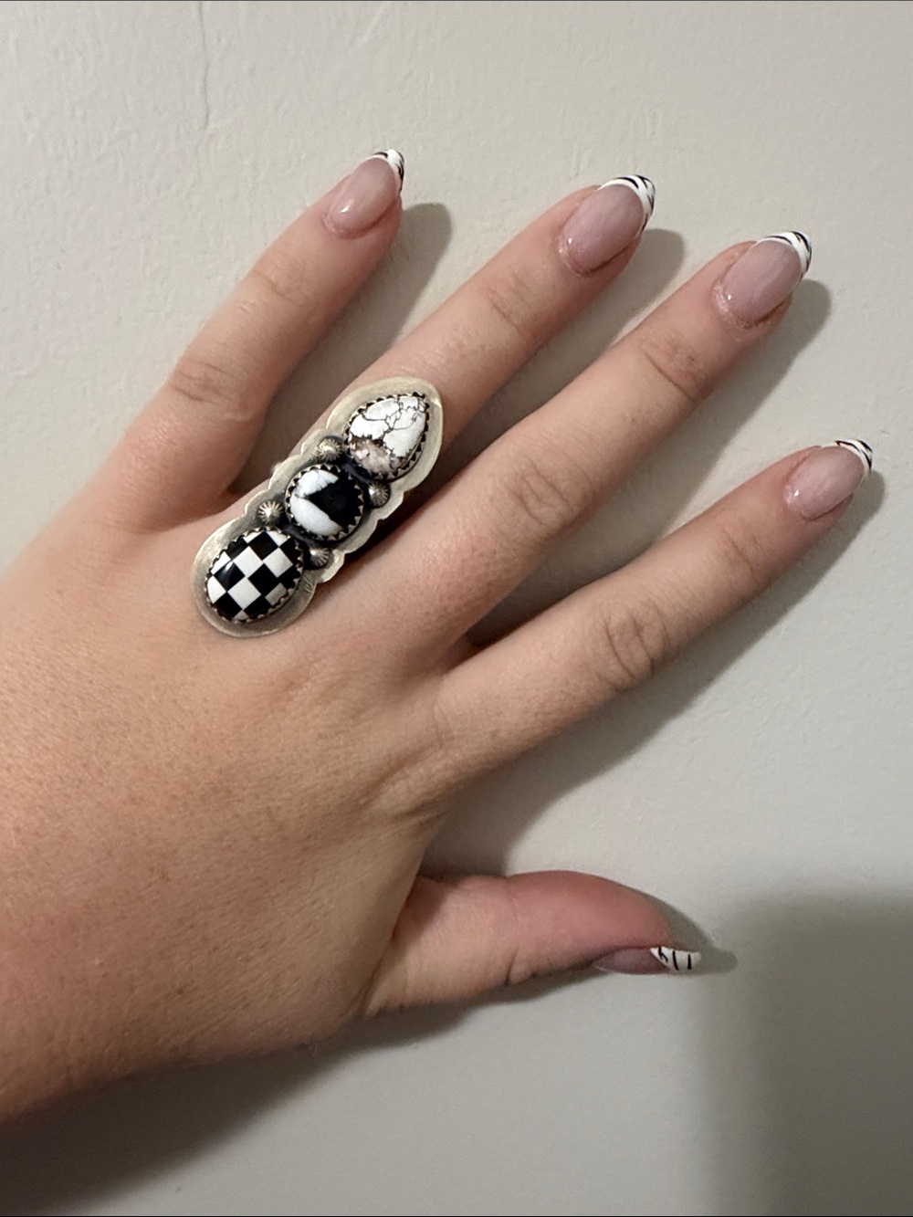 Boho Black & White Statement Ring - Silver Tone
